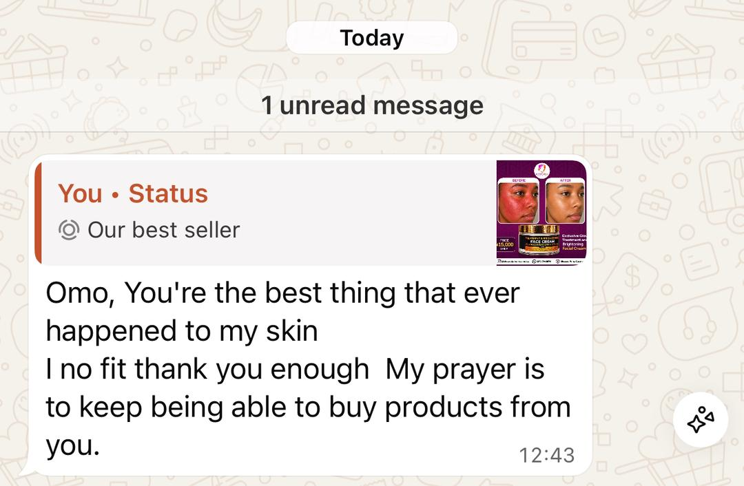 Customer message thanking Exclusive Glow for their skin results