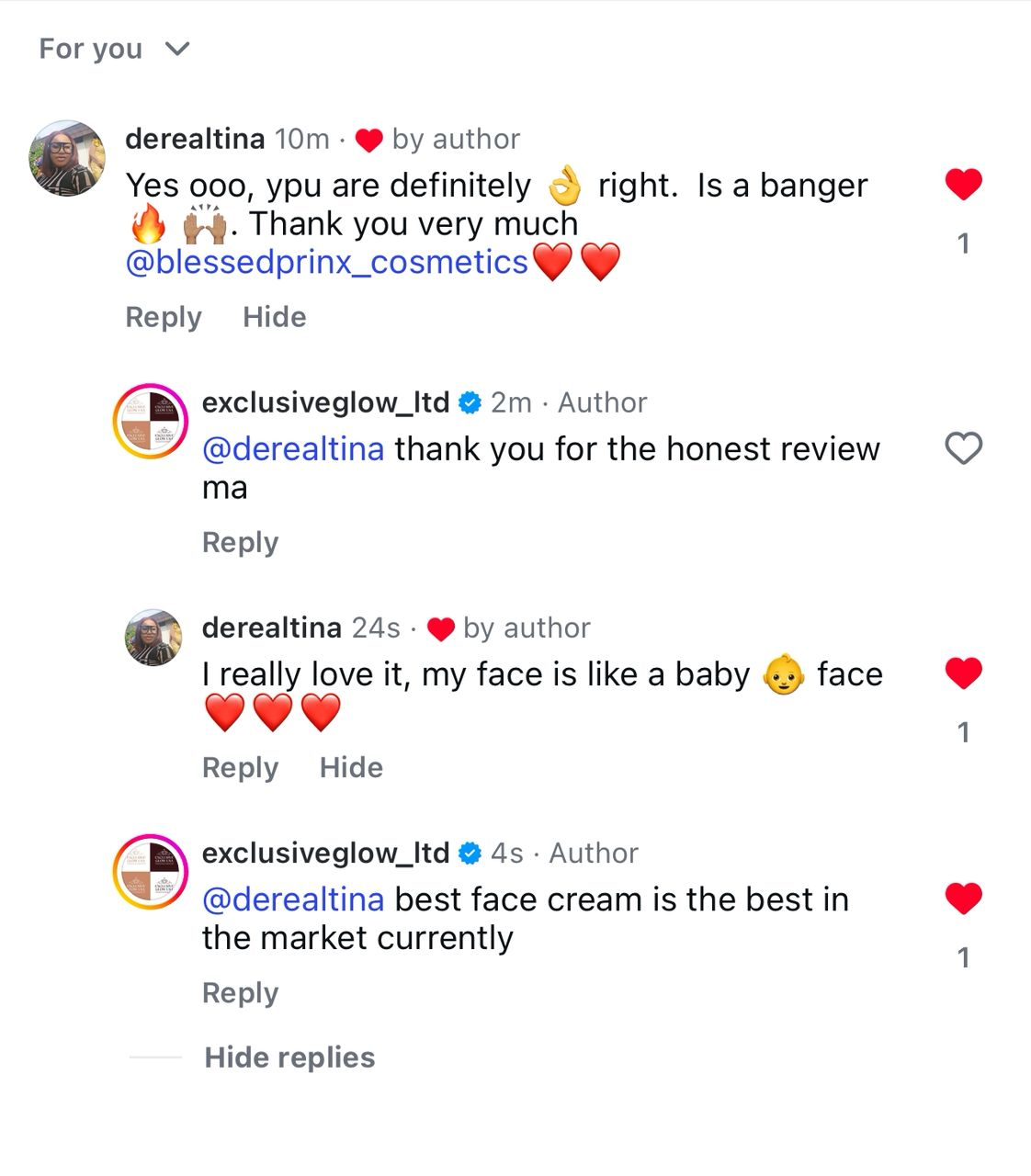 Customer review comments praising the Exclusive Glow face cream